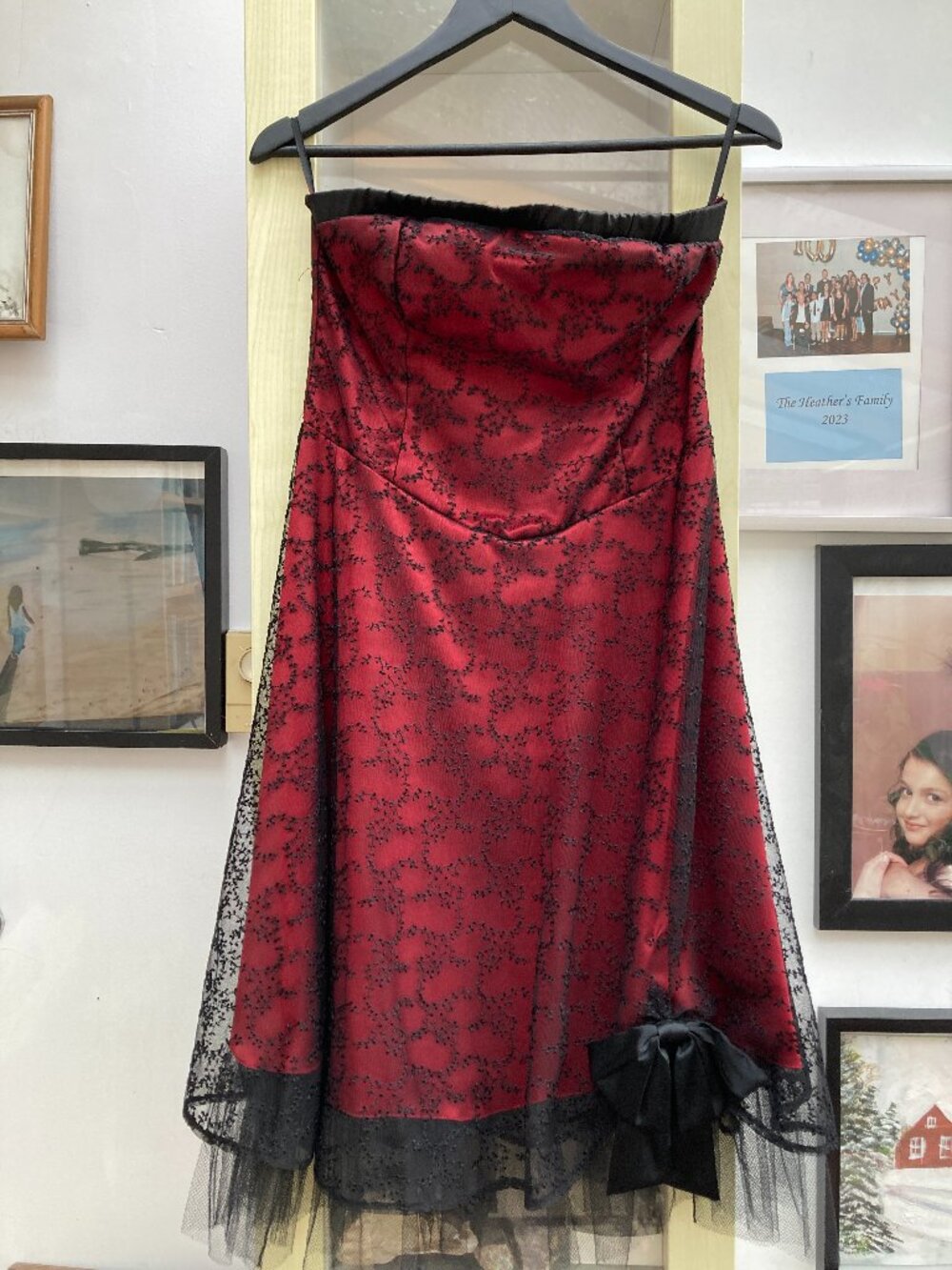 Strapless Red & Black Dress with Tulle Overlay